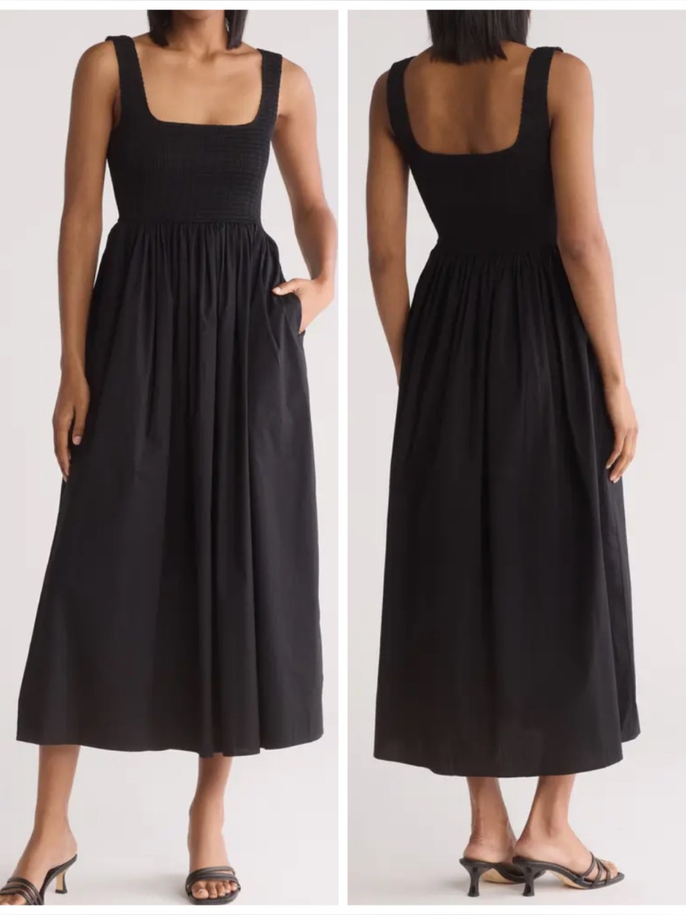 Wayf Smocked Fit and Flare Sundress Midi in Black
